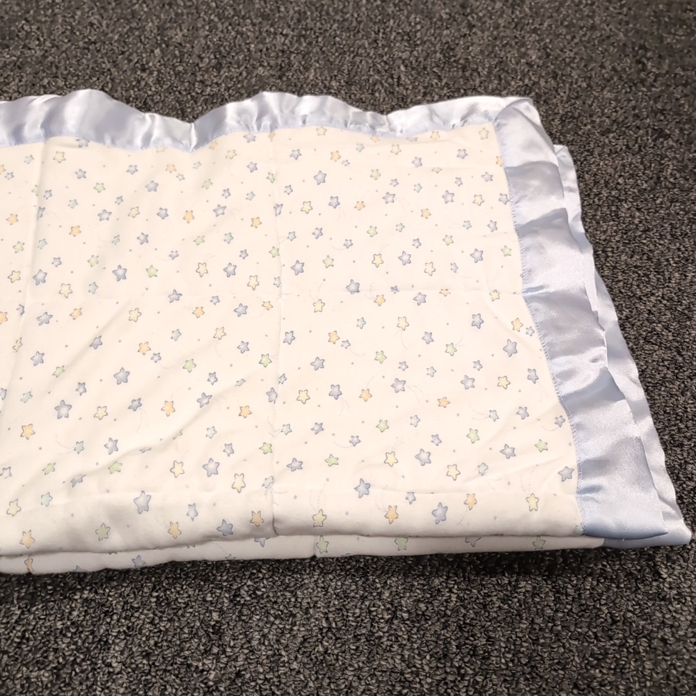 Vintage Rare Baby Blanket Reversible Blue Yellow Moon Stars Dots  Satin Trim